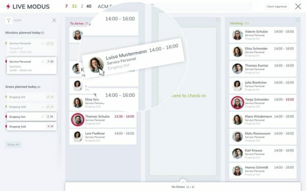 Livemodus CheckIn und Checkout Tableau für mobile Arbeitszeiterfassung