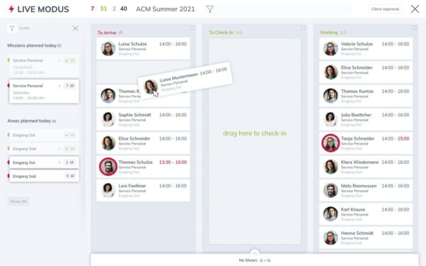 Livemodus CheckIn und Checkout Tableau für mobile Arbeitszeiterfassung